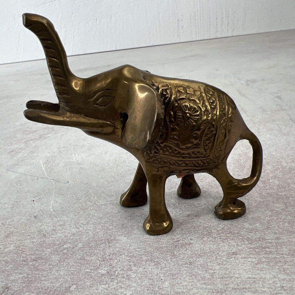 Vintage Small Solid Brass Elephant Raised Trunk Embossed Ornate MCM‎ Figurine